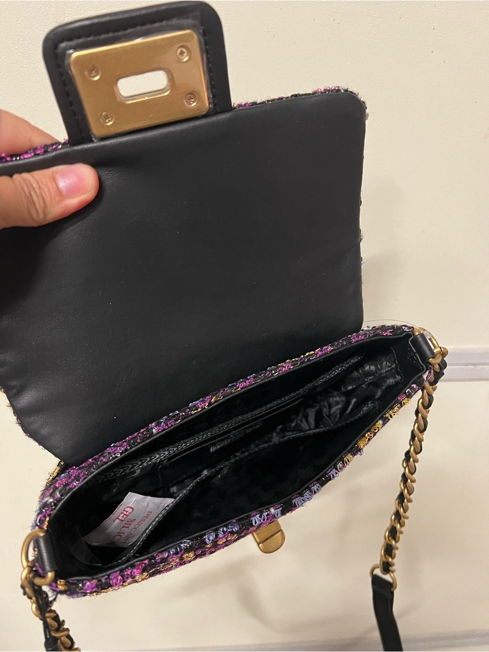 Karl Lagerfeld Purple Multi Tweed Crossbody Bag with Gold Script - Picture 3 of 4
